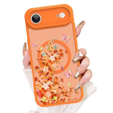 Imagem de AIGOMARA Capa magnética para ar [compatível com MagSafe] linda capa de telefone laranja aquarela floral padrão borboleta para mulheres Gilrs TPU macio e PC capa protetora traseira fina para telefone