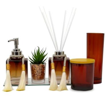 Imagem de Kit Lavabo Luxo de Vidro C/Difusor Aromatizador, Saboneteira - Vidro&decor (Âmbar)