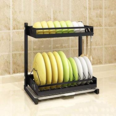 Imagem de AKALNNB Conjunto de escorredor e escorredor de pratos de aço inoxidável preto de 2/3 níveis com utensílios, talheres e suporte de tábua de corte, ganchos livres (2 níveis A) Porta-canecas