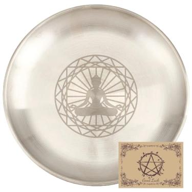 Imagem de CREATCABIN Prato ritual de meditação de ioga de aço inoxidável, bandeja redonda plana com suporte de tigela com cartão de adivinhação, prato de joias para queimador de incenso de 14 cm