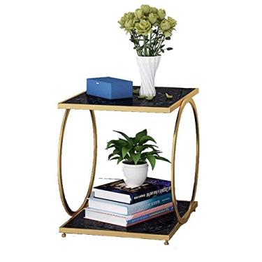 Imagem de Mesa lateral de sofá de mármore de 2 andares, nórdica, moderna, quadrada, suporte de revistas, mesa de centro, mesa de cabeceira 40 × 55 × 50 cm (cor: branco + dourado) (preto + ouro)