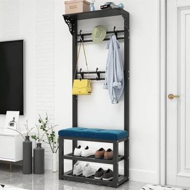 Imagem de Cabideiro, banco de entrada, banco de entrada com suporte para casaco com armazenamento de sapatos, organizador de entrada elegante, design 4 em 1, suporte de entrada com banco e armazenamento de