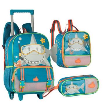 Imagem de Kit Mochila De Rodinhas Escolar Tubarão A Boca Dele Abre e Estojo Infa