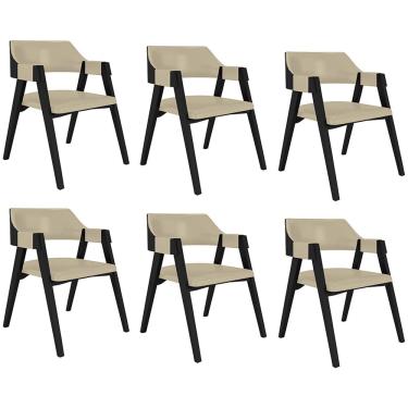 Imagem de Kit 6 Cadeiras Sala de Jantar e Jogos Carteados Madeira Maciça Poker PU Bege/Preto G42 - Gran Belo