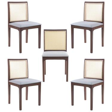 Imagem de Kit 05 Cadeiras Sala de Jantar Madeira Maciça Steve Tela Rattan Sextavano Linho Cinza/Amêndoa G55 - Gran Belo