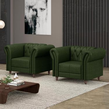 Imagem de Kit 2 Poltronas Decorativas Sala de Estar Stanford Chesterfield Pés de Madeira Couro Verde Manchado G58 - Gran Belo