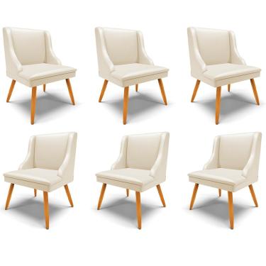 Imagem de Kit 6 Cadeiras Decorativas Sala de Jantar Pés Palito de Madeira Firenze PU Bege/Natural G19 - Gran Belo