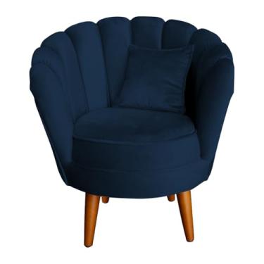 Imagem de Poltrona Decorativa Pétalas de Flor, Veludo, Design Clássico, Pés Palito, para Sala de Estar, Recepção e Quarto, (Azul Marinho)