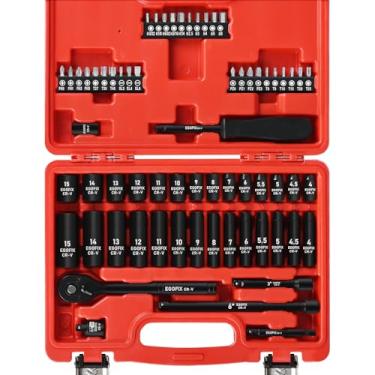 Imagem de EGOFIX Conjunto de chaves catraca de 65 peças, soquete métrico raso (4-15 mm) e profundo (4-15 mm), com catraca de 72 dentes, conjunto de pontas de chave de fenda, kit de ferramentas pequeno para uso