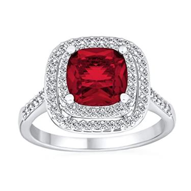 Imagem de Bling Jewelry Big Solitaire AAA Zircônia Cúbica Pave CZ 5-7CTW Almofada Esmeralda Imitação Rubi Vermelho Verde Vintage Art Deco Estilo Halo Cocktail Declaração Anel para Mulheres Banhado a Prata