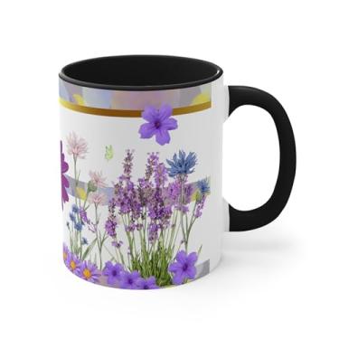 Imagem de Caneca de flores silvestres lavanda - Canecas de cerâmica de flores em aquarela para mulheres, presentes de borboleta, xícara de café floral - fofa (preta, 325 ml)