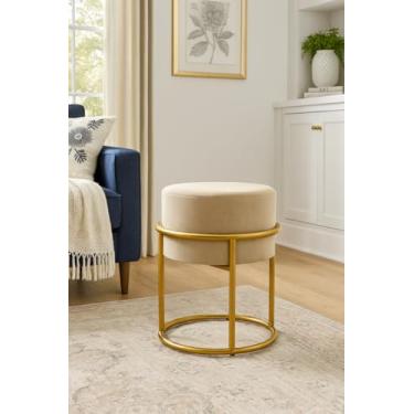 Imagem de Puff Redondo com Base de Ferro Dourada – Decoração Moderna e Sofisticada (Nude)