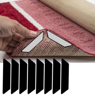 Imagem de Pacote com 8 adesivos de carpete antiderrapantes, reutilizáveis e laváveis para pisos de madeira e azulejos - Fita adesiva dupla face para manter os tapetes planos, evitar ondulações