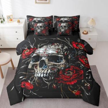 Imagem de Erosebridal Jogo de cama solteiro com caveira doce de 7 peças, cama de esqueleto de flor em uma bolsa, conjunto de cama gótico de Halloween inclui edredom, conjunto de lençóis, fronhas e fronhas para