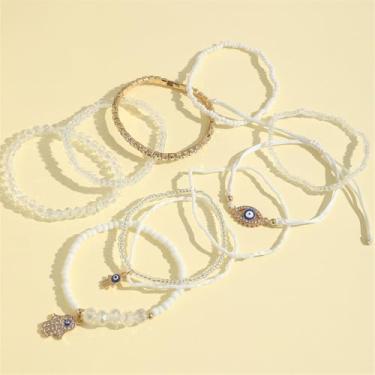 Imagem de 9 peças/conjunto de pulseiras de contas empilháveis boêmias para mulheres, moda, estilo boêmio, design de olhos, contas de resina branca, elástico, multicamadas, boêmio, contas, empilhável, conjunto