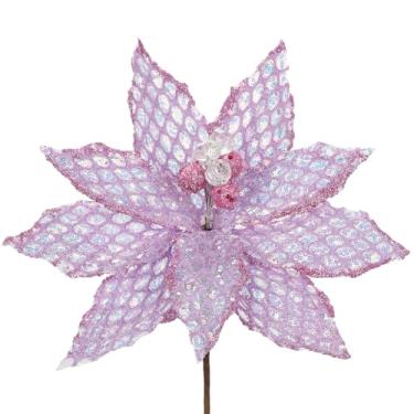 Imagem de Briful 3 peças, poinsétias, flores artificiais de Natal de 56,88 cm, haste longa, com glitter, malha, poinsétia, árvore de Natal, guirlanda, decoração floral, roxo claro