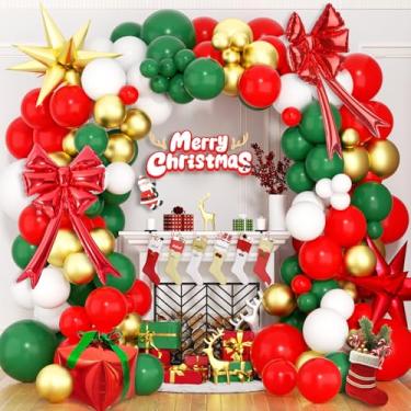 Imagem de Kit de arco de balão de Natal, 147 peças, guirlanda de balões brancos em ouro vermelho e verde com laço, caixa de presente, balões de alumínio para decorações de festa de Natal, decorações de Natal