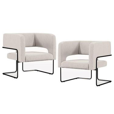 Imagem de Kit 02 Poltronas Base De Aço Preto Linho Cru C-443