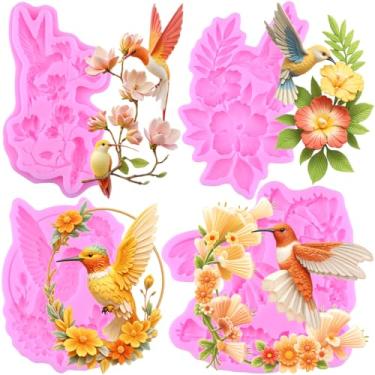 Imagem de MIYAHOUSE Molde de silicone para fondant de beija-flor para decoração de bolos, enfeite de cupcake, pasta de goma de chocolate, argila de polímero, conjunto de 4