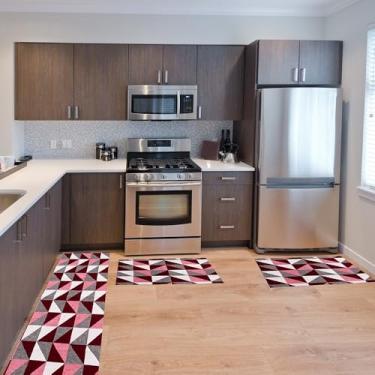 Imagem de Jogo de Tapete para Cozinha Antiderrapante 3 Peças Moderno Passadeira e Tapetinhos Decorativos (Geo Vermelho)