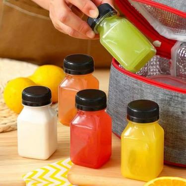 Imagem de 5 recipientes reutilizáveis de garrafa de suco de 142 g com tampas pretas para suco, milk-shake e outras bebidas, armazenamento na geladeira