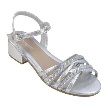 Imagem de Pampili Sandália Infantil Menina Fancy, Prata, Tamanho 34, Festa, Tiras Cruzadas, Salto Baixo Bloco, Conforto, Strass Brilhante