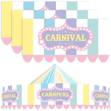 Imagem de JarThenaAMCS 4 peças decorações de toldo de carnaval faixas suspensas para barraca de circo amarelo azul roxo verde listra concessão dossel placa de suporte para artigos de festa temática de carnaval