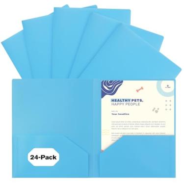 Imagem de EEHZTSI Pacote com 24 pastas de plástico com bolsos, pastas pastel de 2 bolsos para papel tamanho carta dos EUA para escola/escritório/casa, azul