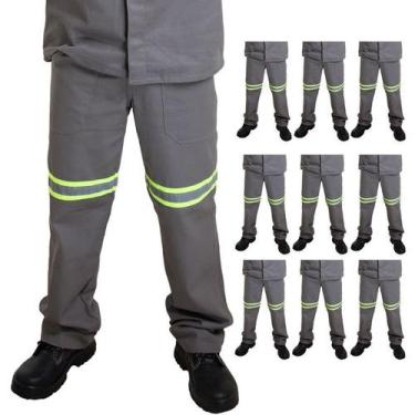 Imagem de Kit 10 Calças Profissional Uniforme Trabalho Brim Pesado Faixa Refleti
