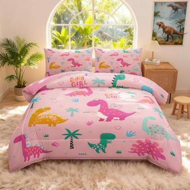 Imagem de Peopleareok Conjunto de edredom solteiro com desenho de dinossauro (168 x 86 polegadas) para meninos, 2 peças, conjunto de cama de dinossauro para meninas e adolescentes, supermacio, leve para todas