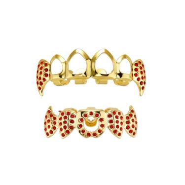 Imagem de YOSZO Vampire Teeth Fang Grillz Aparelhos ocos para dentes afiados banhados a ouro 14K Presas Hip Hop com dentes superiores e inferiores para homens e mulheres (prata), Medium, Pedra preciosa