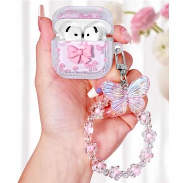 Imagem de Boaretiu Capa para Airpods 4 2024 - Cute Kawaii para mulheres meninas com chaveiro para AirPods 4ª geração, capa pequena com laço rosa, feminino, elegante, estética bonita para Airpods 4 capa