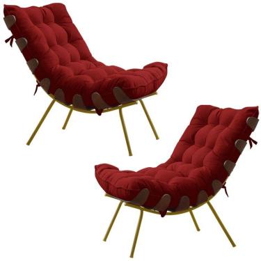 Imagem de Kit 2 Poltronas Abel Base de Madeira Dourada Veludo Vermelho