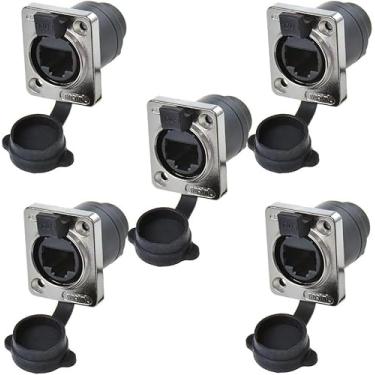 Imagem de 5 peças montagem em painel RJ45 IP65 à prova d'água painel de sinal PCB Cat5/5e/6 8P8C conector de cabo Ethernet LAN adaptador de acoplador de cabeça dupla fêmea para fêmea com tampa à prova d'água