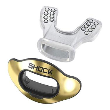 Imagem de Pacote com protetor labial Shock Doctor Interchange | 1 bocal + 1 escudo + 1 cordão | Protetor bucal com escudos trocáveis para futebol, esportes etc. Crianças, jovens e adultos., Chrome Gold, One size (6yrs +)