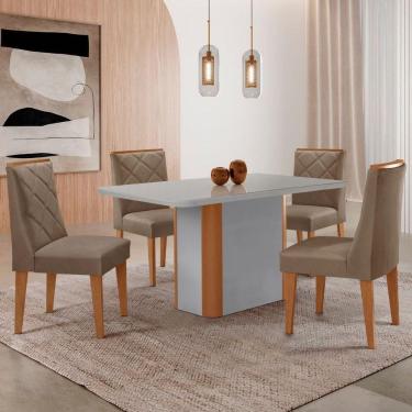 Imagem de Mesa De Jantar Isadora 120cm Tampo Mdf Vidro Com 4 Cadeiras Veludo Capuccino Off White Serigrafia