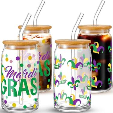 Imagem de Lallisa Pacote com 4 copos de vidro de carnaval de 473 ml, dourado, verde, roxo copos de café gelado com tampas de palha para decoração de festa de carnaval de aniversário e desfile