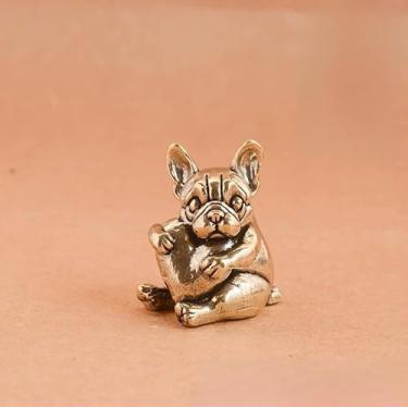 Imagem de SAINWORDS Estátua de buldogue francês estatueta de metal cobre latão portátil tamanho mini escultura de cachorro Aimal decoração de casa mesa de escritório decoração de mesa ornamento de painel de