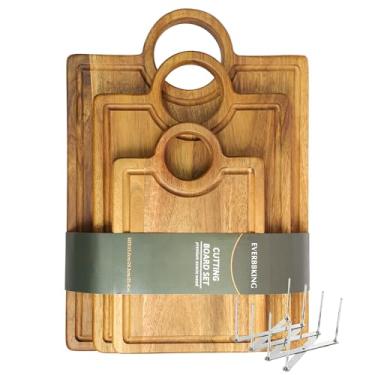 Imagem de EVERBBKING Conjunto de tábua de corte de madeira de acácia - 3 peças (35,5 cm/30,5 cm/22,9 cm) Tábuas de corte de madeira maciça com sulco e alça, bloco de açougueiro de uso duplo para preparação de