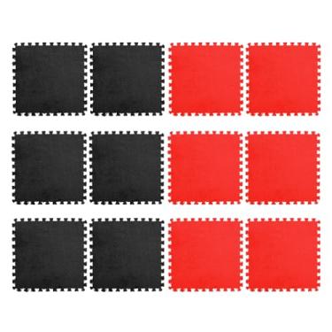 Imagem de ZuTKekon 12 peças de tapetes quadrados interligados de espuma vinílica acetinada macia de espuma vinílica acetinada, conjunto de tapetes de pelúcia para casa, quarto, sala de jogos (preto + vermelho