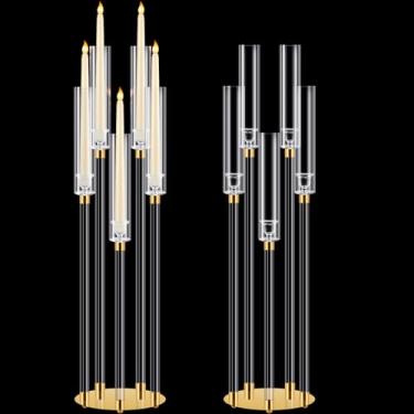 Imagem de Barydat 2 peças centrais de candelabro de acrílico transparente castiçal de cristal de 5 braços com coluna de cúpula de acrílico para ajuste de vela de LED de 2,24 cm para jantar de casamento (ouro)