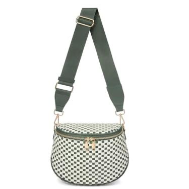 Imagem de Bolsas transversais femininas de couro vegano, moda xadrez, bolsa para bumbum de poliuretano, Branco e verde feijão, Medium, Bolsas transversais de tecido