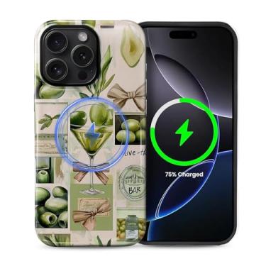 Imagem de Zhhoya Capa para iPhone 15 Pro Max, Dirty Martini Vintage Matchbox Colagem Padrão Impressão Brilhante Compatível com Magsafe Capa Rígida Híbrida de 2 Camadas Proteção para Meninas Mulheres Meninos