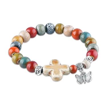 Imagem de KILIPOL Pulseira de contas de cerâmica colorida estilo étnico chinês hippie boêmio, estilo antigo e iterário, joia boêmia de praia de verão presente para mulheres presente de Natal (Style20