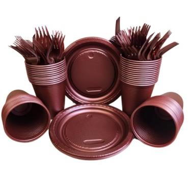 Imagem de Kit Descartável Econômico 150 Itens - Conjunto para Festas com Pratos, Copos e Garfos para Aniversário e Eventos(Vinho Perolado 150 itens)
