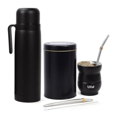 Imagem de Ufist Conjunto de erva mate, garrafa isolada de 978 ml, copo de 136 g, recipiente de chá, 2 canudos Bombilla, preto (preto)