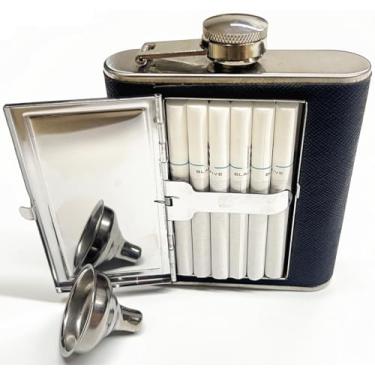 Imagem de Cantil de aço inoxidável embrulhado em couro com caixa de cigarro e funil embutidos, 142 g, preto