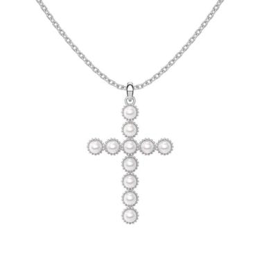 Imagem de Aleasha Colar de pérola com cruz para mulheres, pingente de pérola sintética branca, colar de prata, joia de aço inoxidável