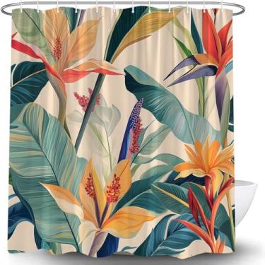 Imagem de LAEDCIITI Cortina de chuveiro tropical colorida tropical floral folha de palmeira planta botânica monstera folhas de bananeira cortina de banho de tecido country com gancho, 70x70IN