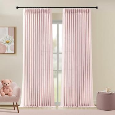 Imagem de Cortinas rosa claro 224 cm, cortina plissada de linho para quarto de meninas, cortinas plissadas com filtragem de luz, texturizadas, grossas, blush, semitransparente, com ganchos para sala de estar